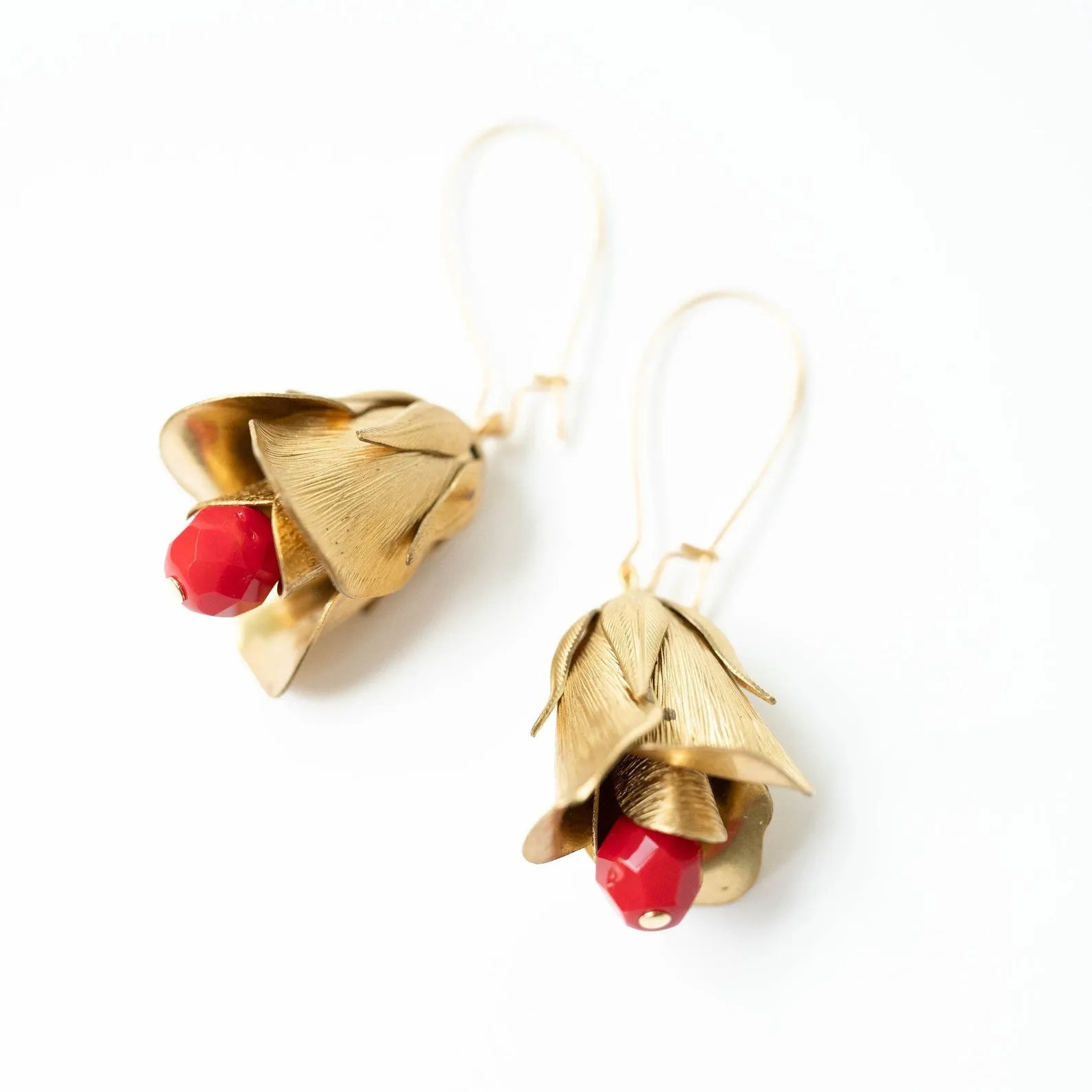 Red Flower Bud Hanging Earrings-WS