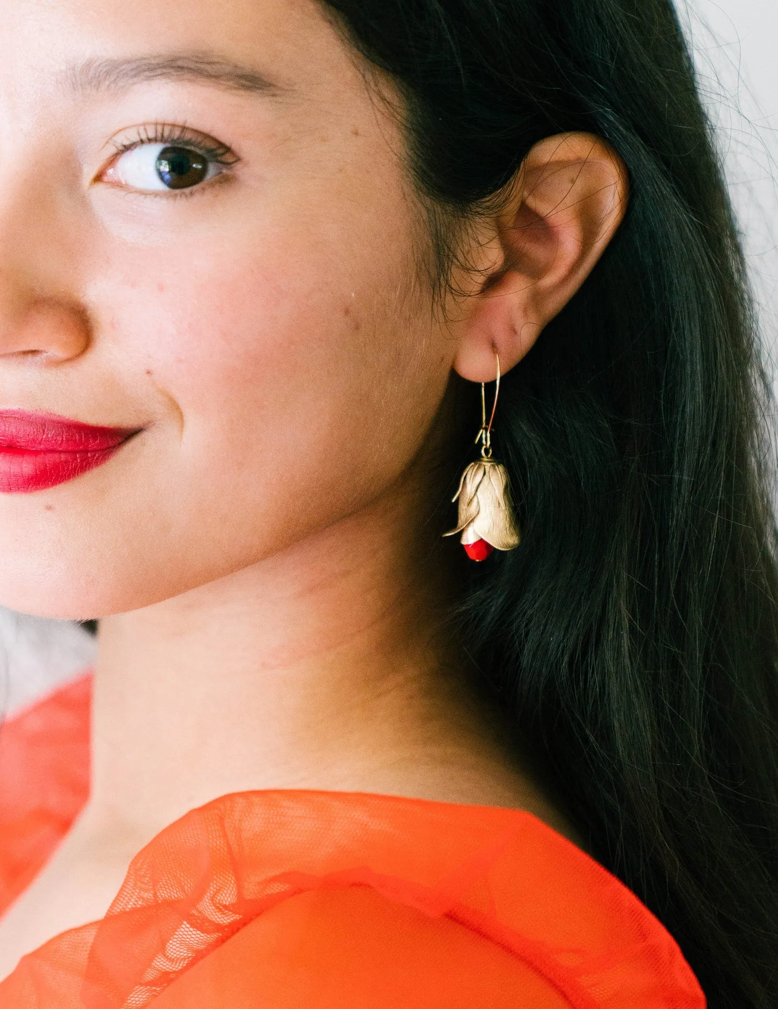 Red Flower Bud Hanging Earrings-WS