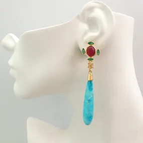 Red Jade and Green Agate Stud with Citrine and Turquoise Twinset Earrings