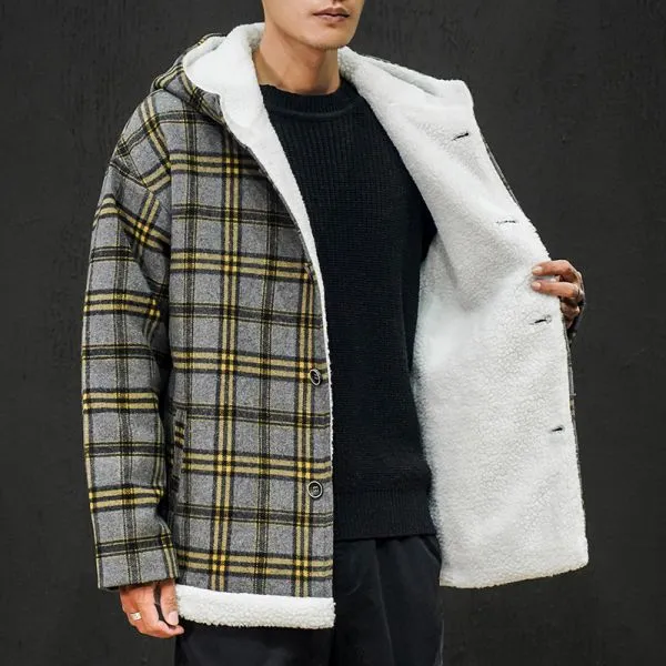 Sherpa coat with hood check print for men