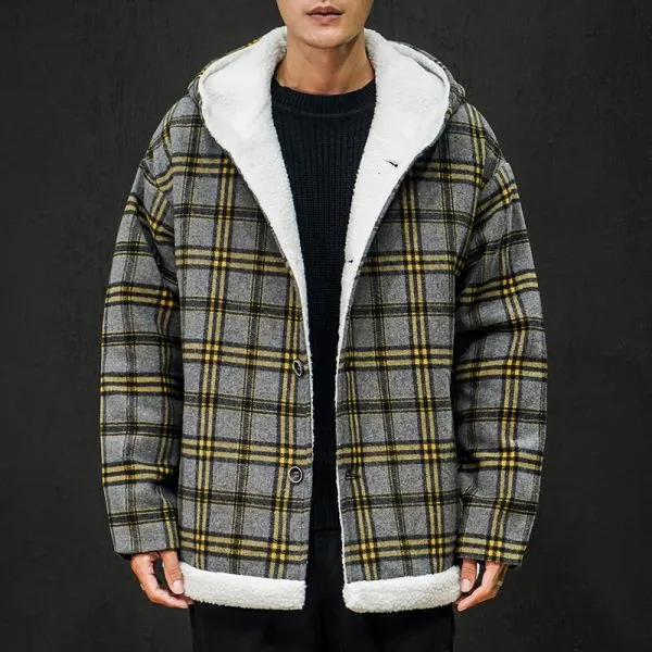 Sherpa coat with hood check print for men