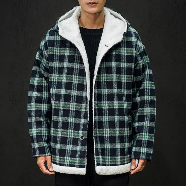 Sherpa coat with hood check print for men