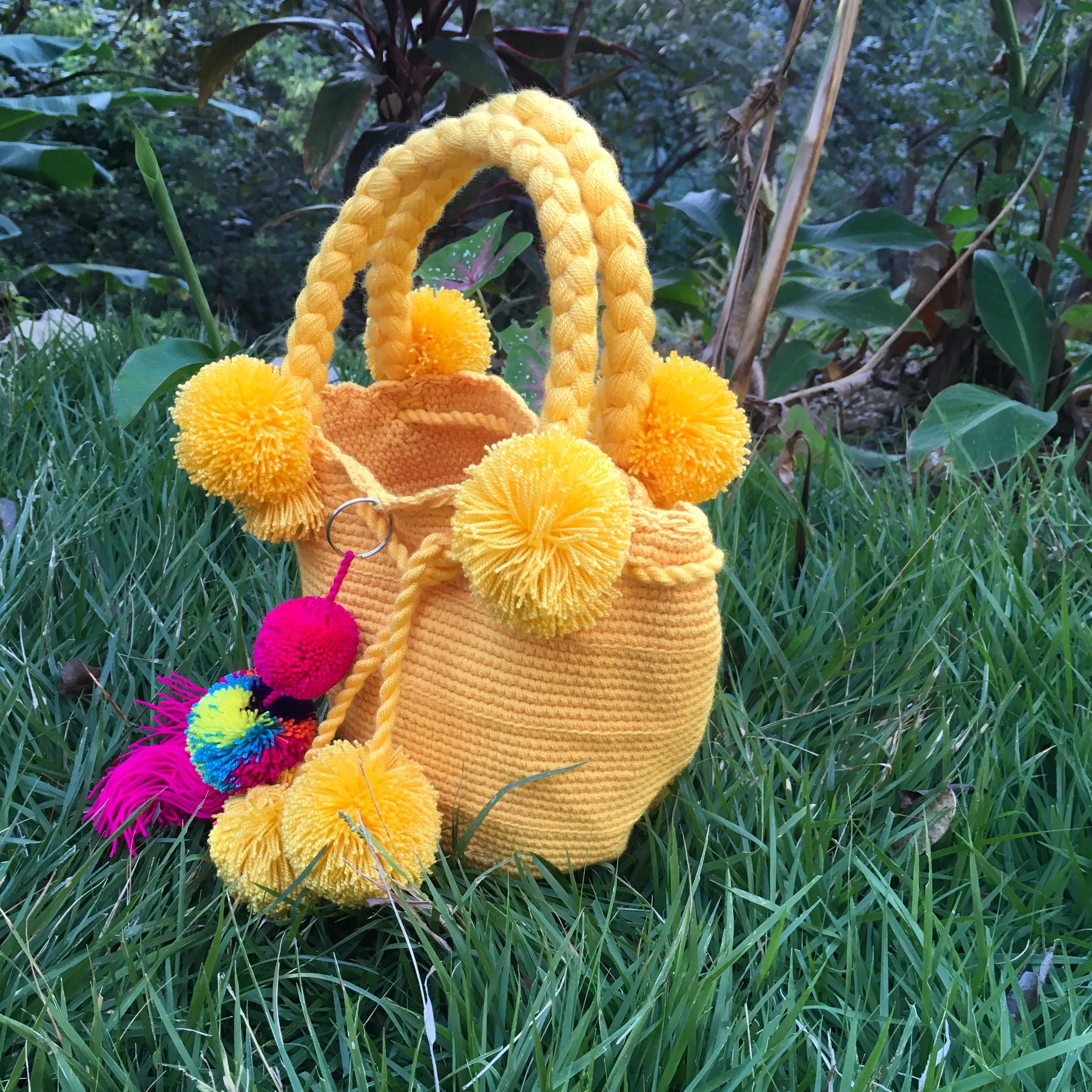 Small Sunshine Yellow Pom Pom Mochila