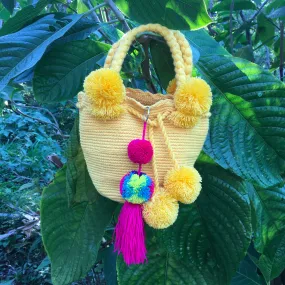 Small Sunshine Yellow Pom Pom Mochila