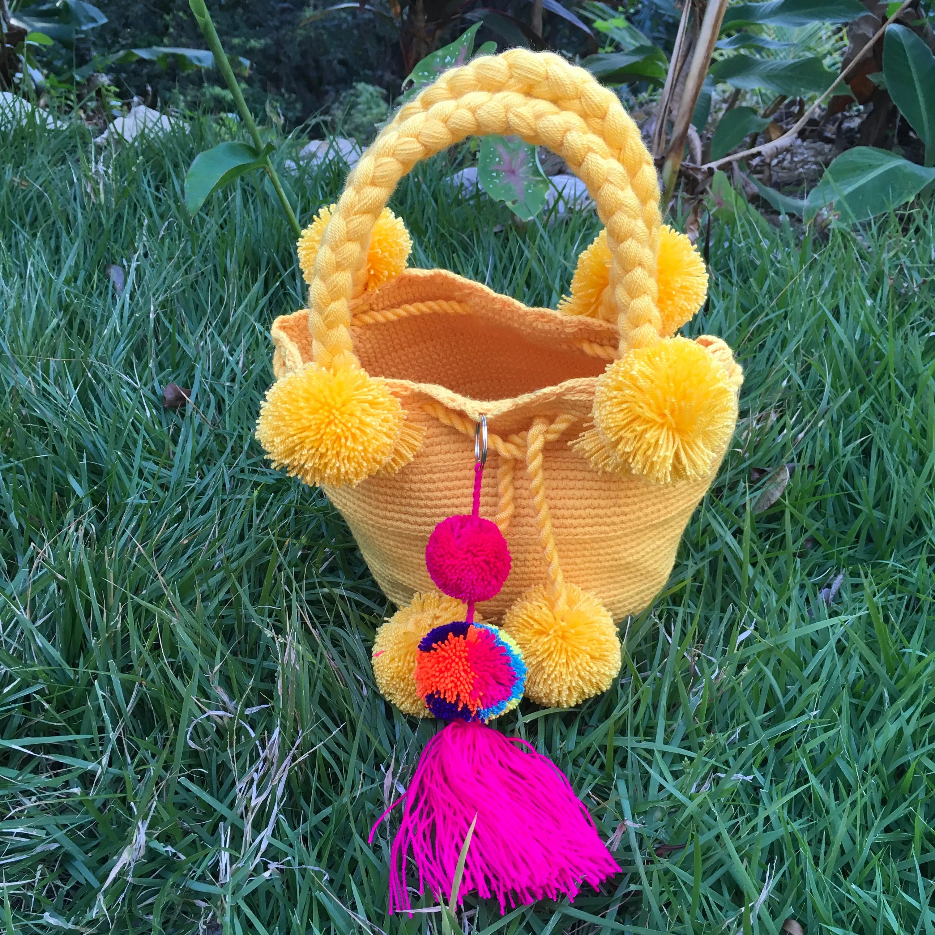 Small Sunshine Yellow Pom Pom Mochila