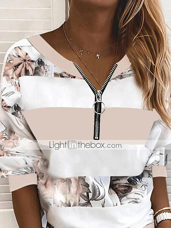 Striped Color Block V-Neck Long Sleeve Women's Blouse