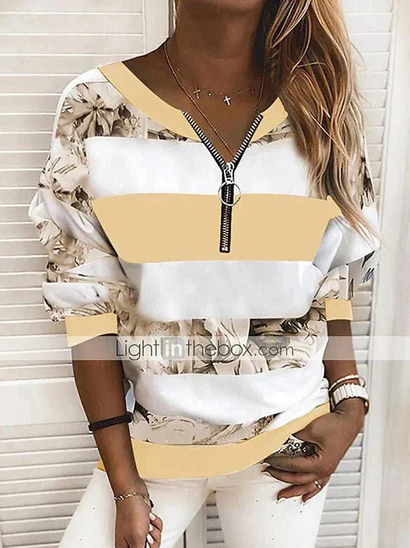 Striped Color Block V-Neck Long Sleeve Women's Blouse