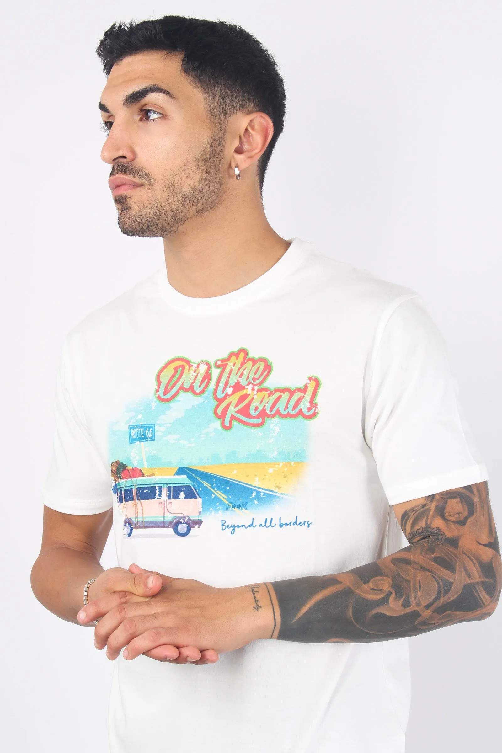 T-shirt Stampa On The Road Bianco