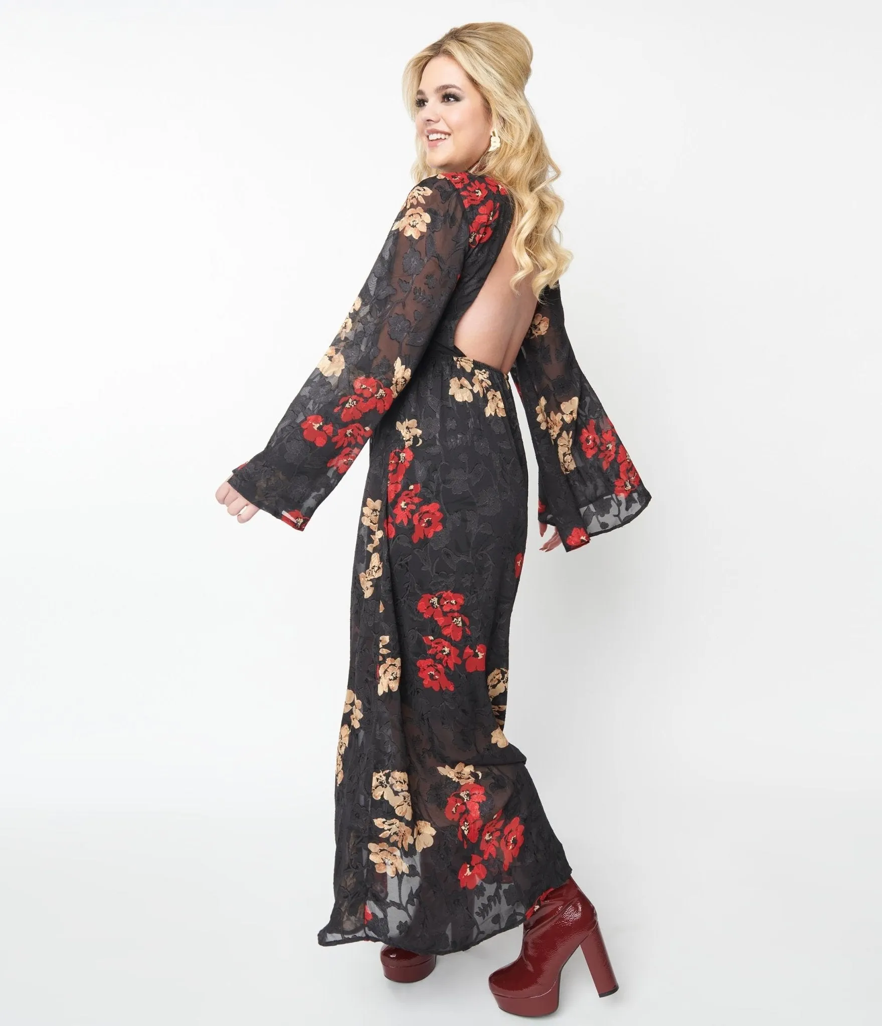 Unique Vintage 1970s Black Red & Gold Floral Bell Sleeve Maxi Dress