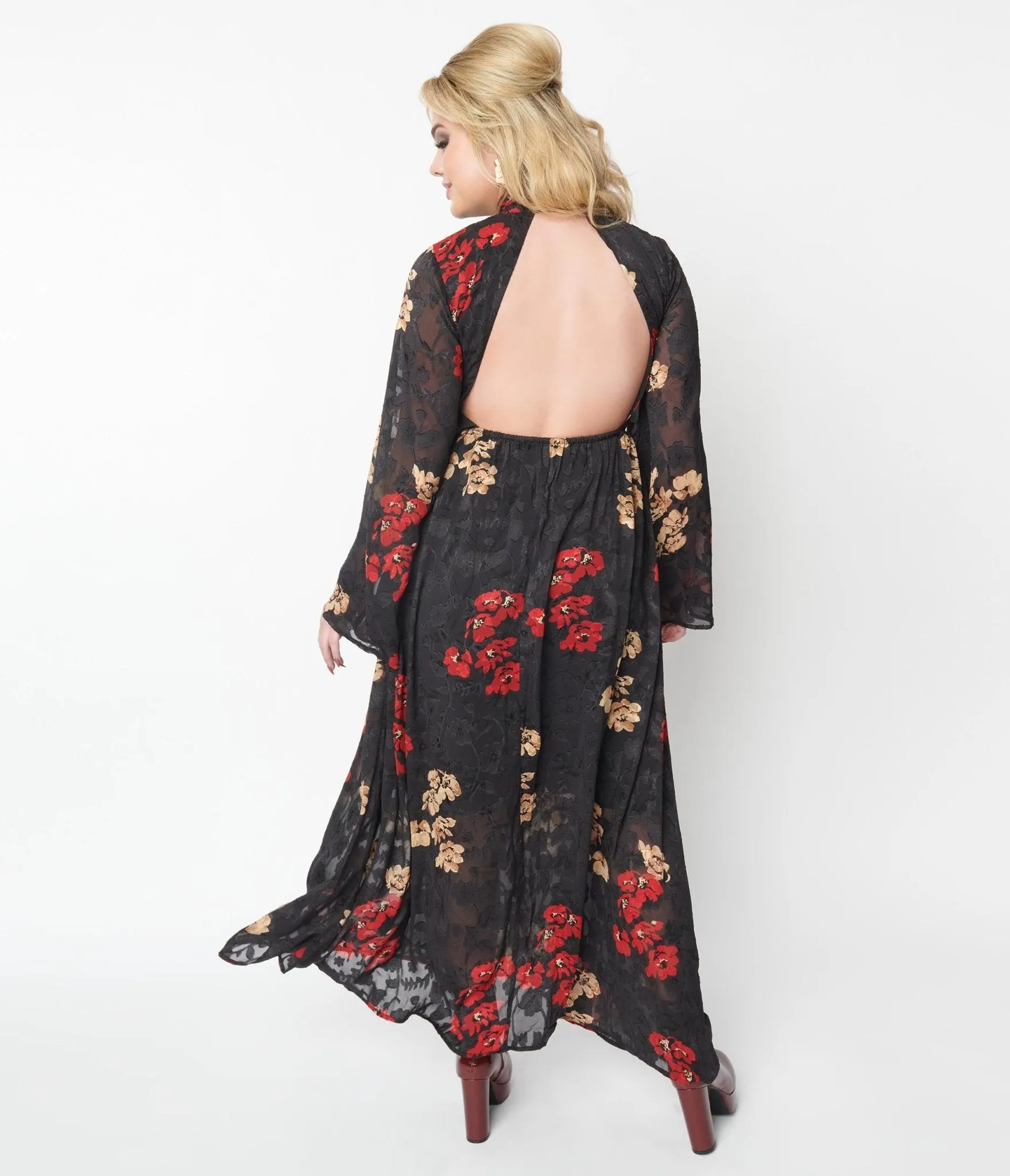 Unique Vintage 1970s Black Red & Gold Floral Bell Sleeve Maxi Dress