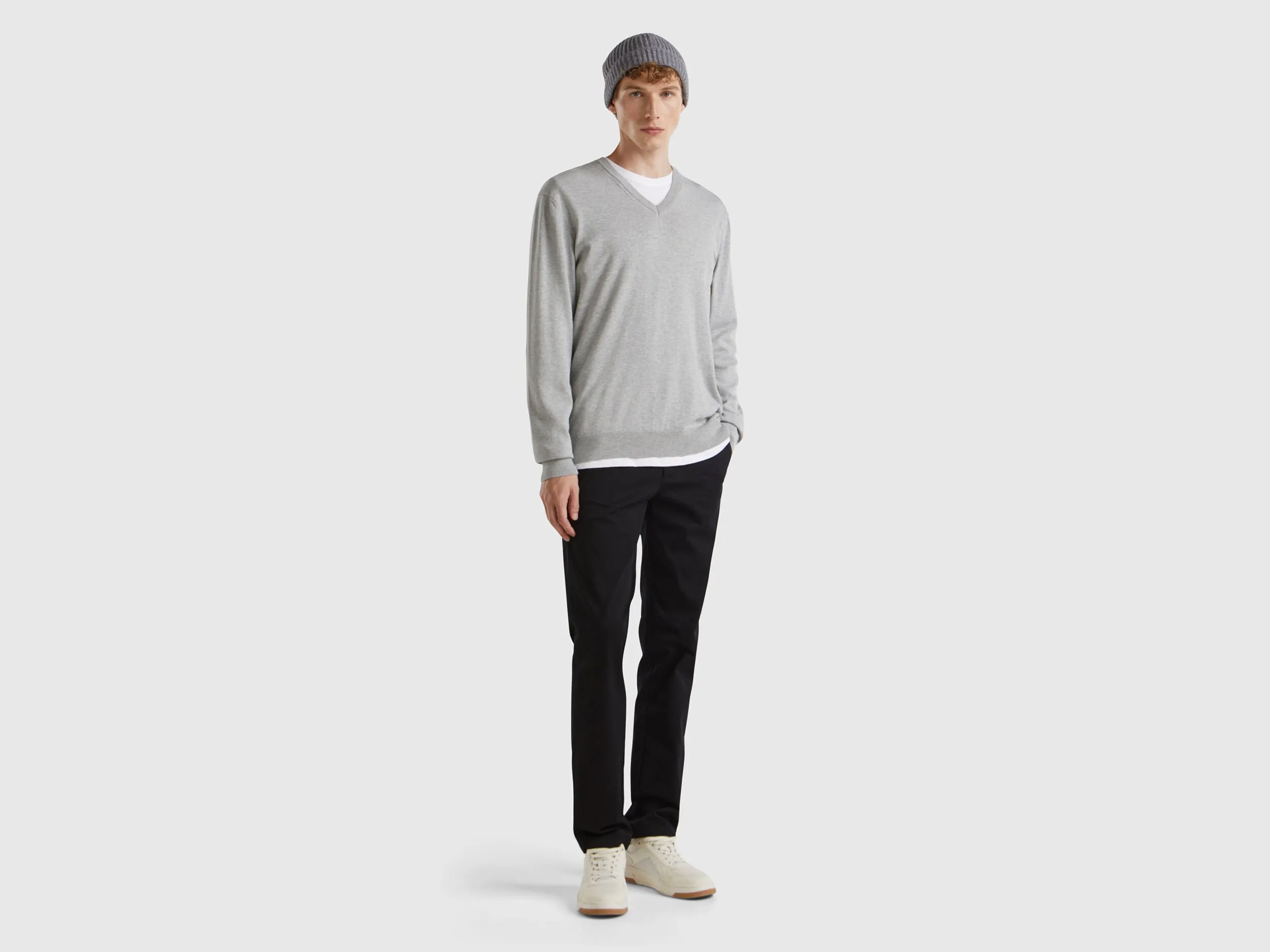 V-neck sweater in pure cotton - Light Gray | Benetton