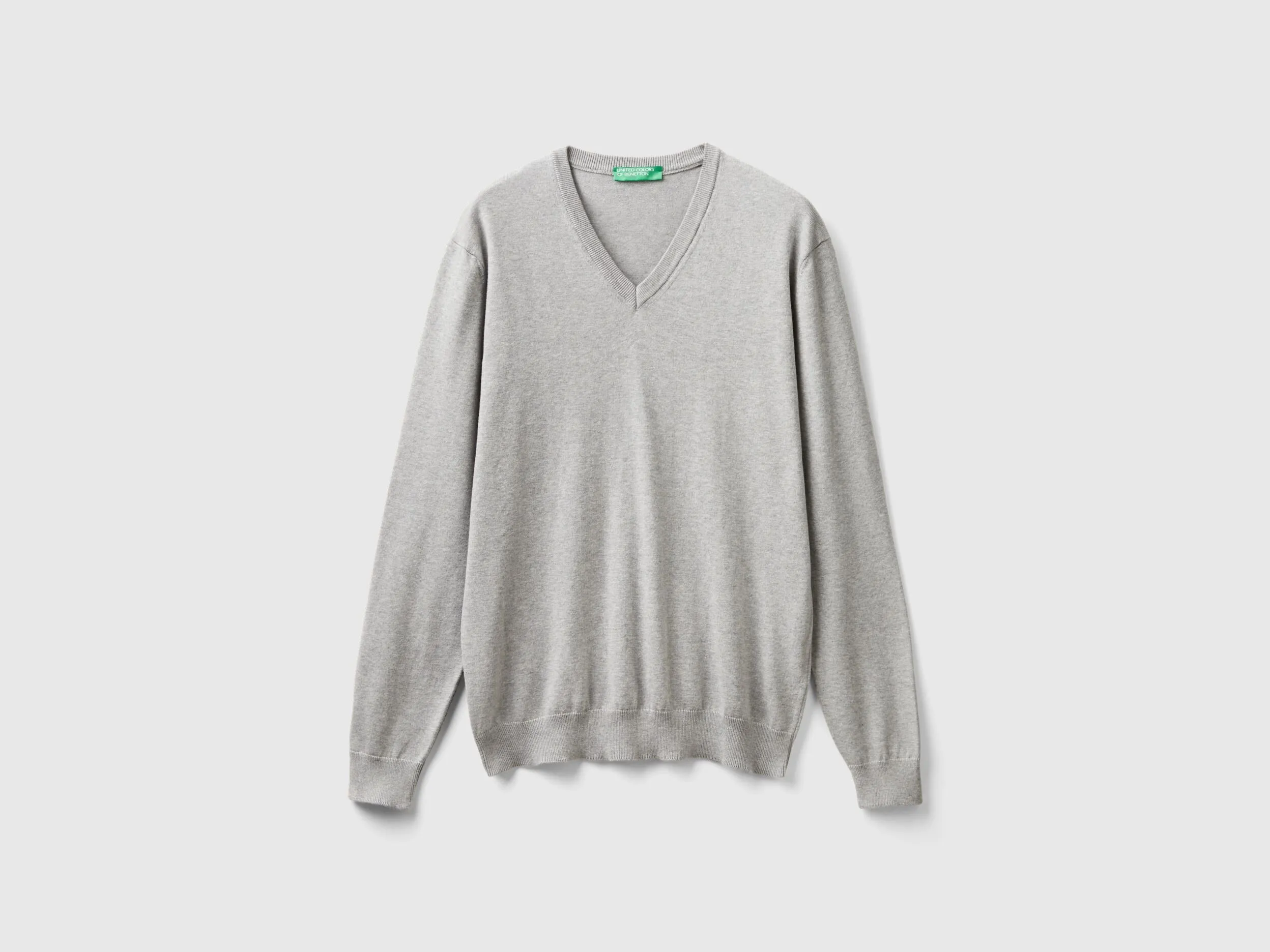 V-neck sweater in pure cotton - Light Gray | Benetton