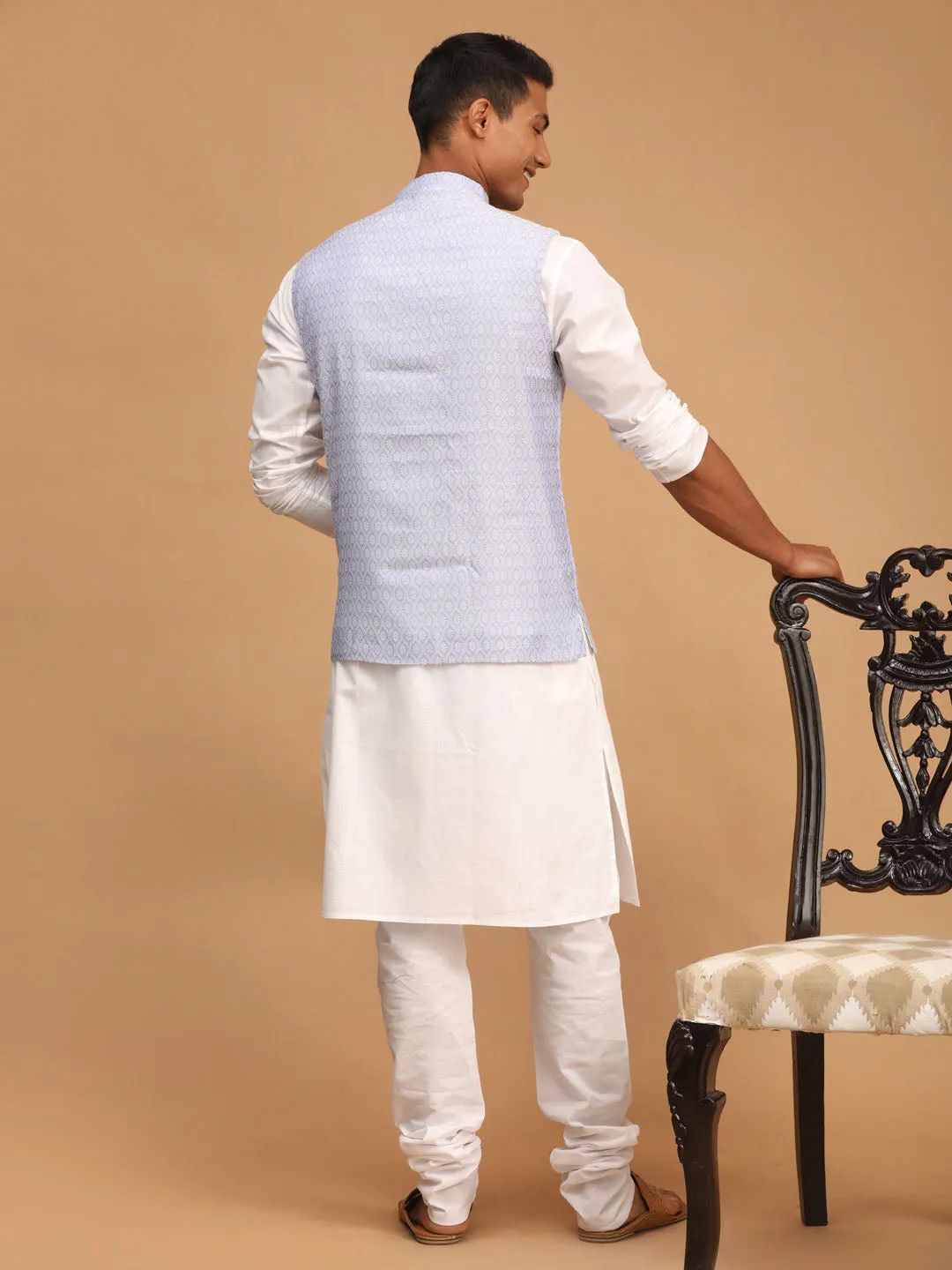 VASTRAMAY Lavender Woven Jacket With White Kurta and Pyjama Baap Beta Set