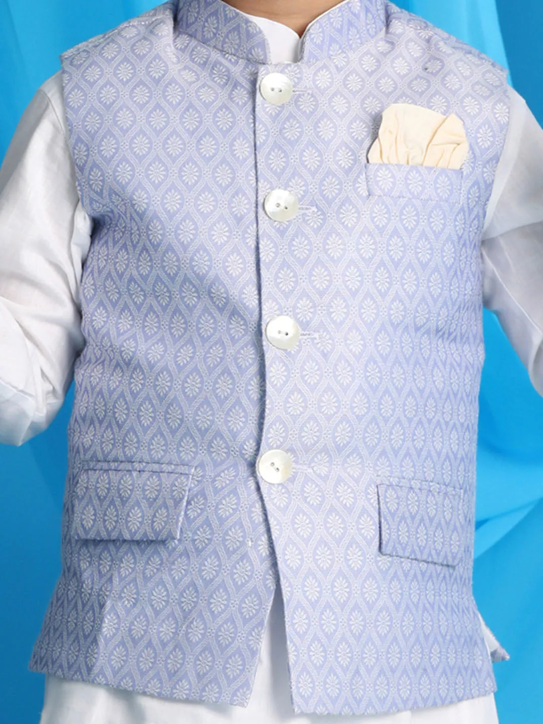 VASTRAMAY Lavender Woven Jacket With White Kurta and Pyjama Baap Beta Set