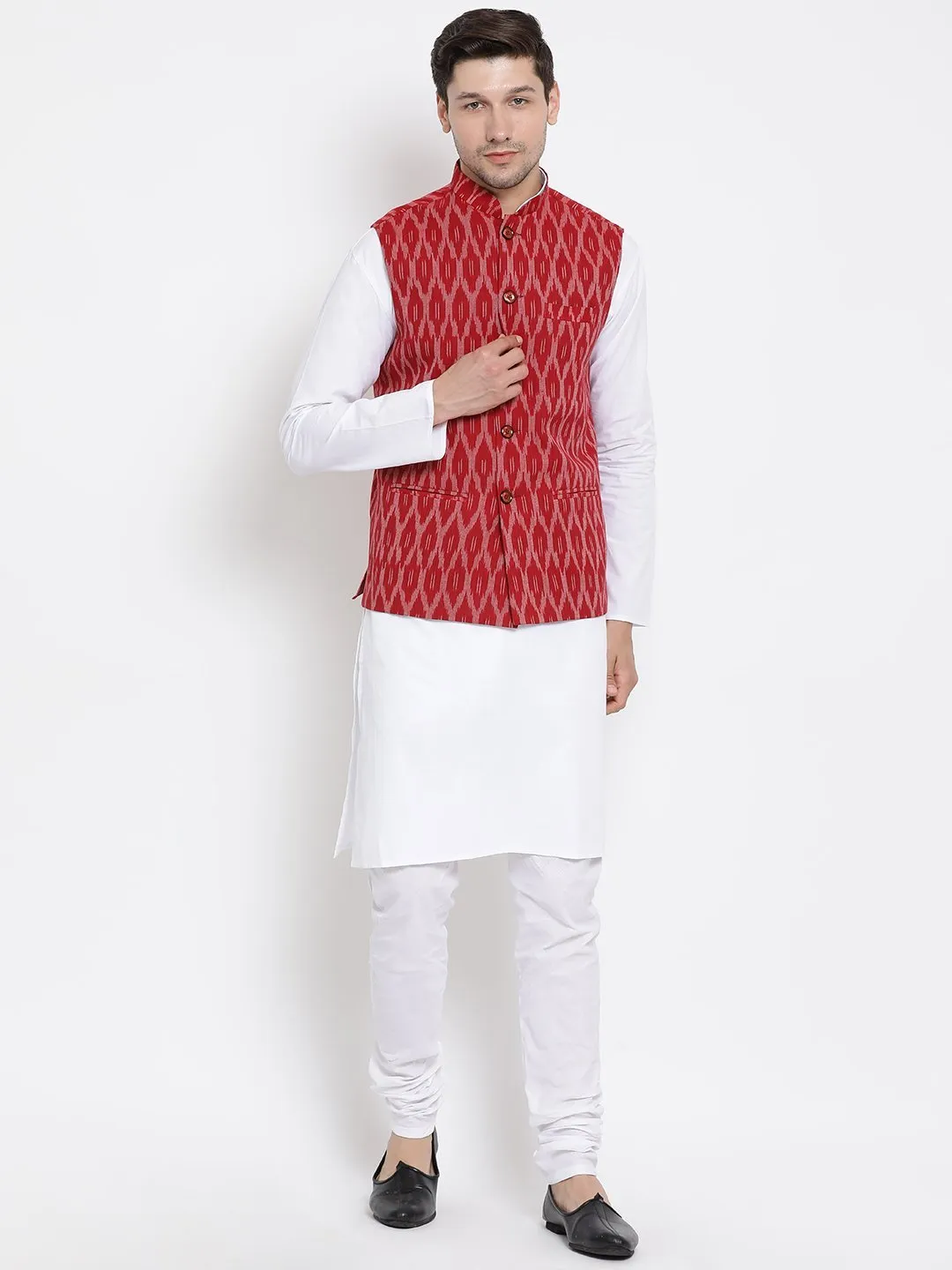 VASTRAMAY Men's Maroon Cotton Blend Kurta, Ethnic Jacket and Pyjama Set