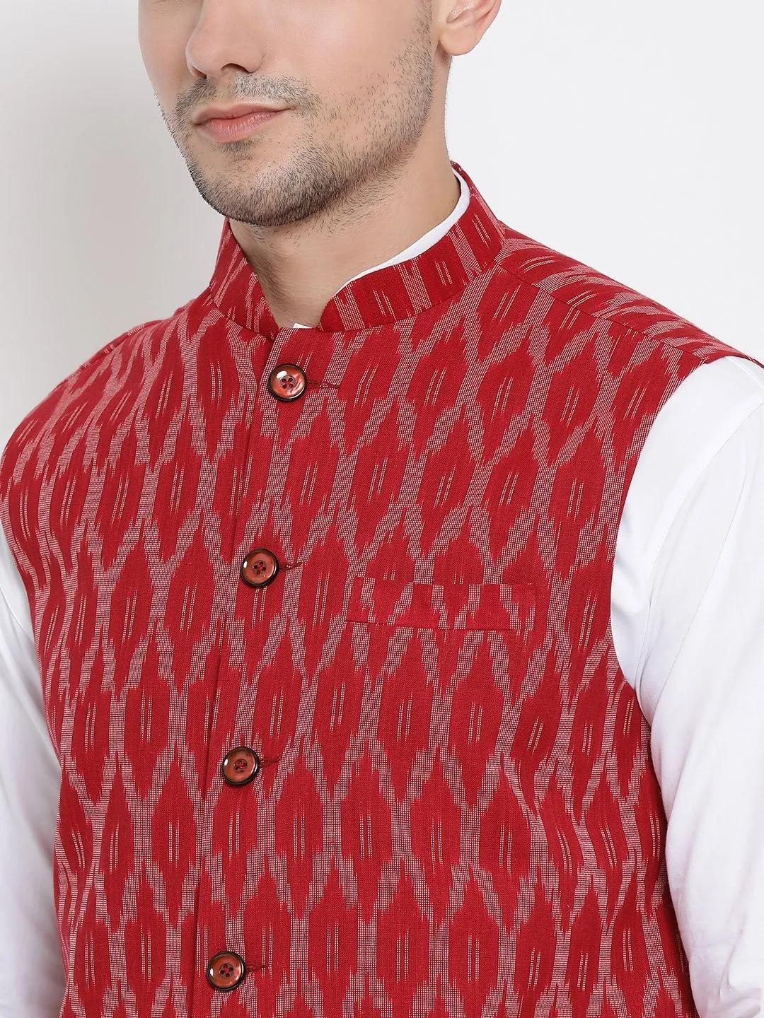 VASTRAMAY Men's Maroon Cotton Blend Kurta, Ethnic Jacket and Pyjama Set