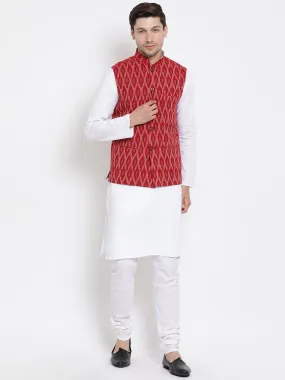 VASTRAMAY Men's Maroon Cotton Blend Kurta, Ethnic Jacket and Pyjama Set