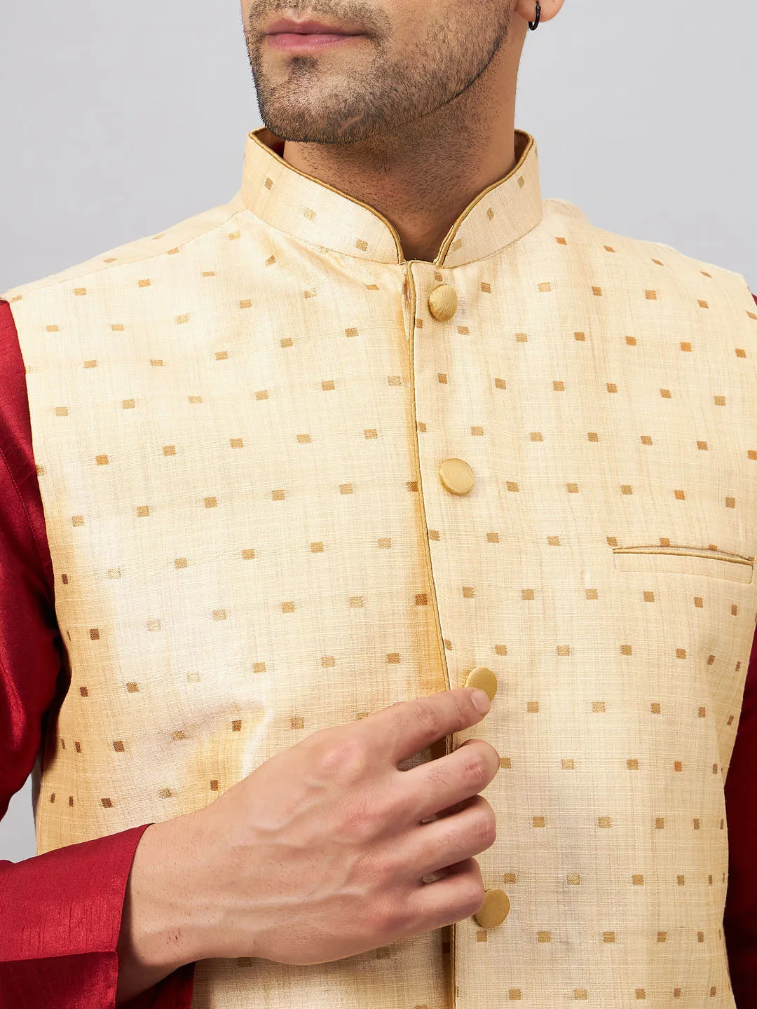 VM By VASTRAMAY Men's Gold Zari Weaved Jacket With Kurta Pyjama Set