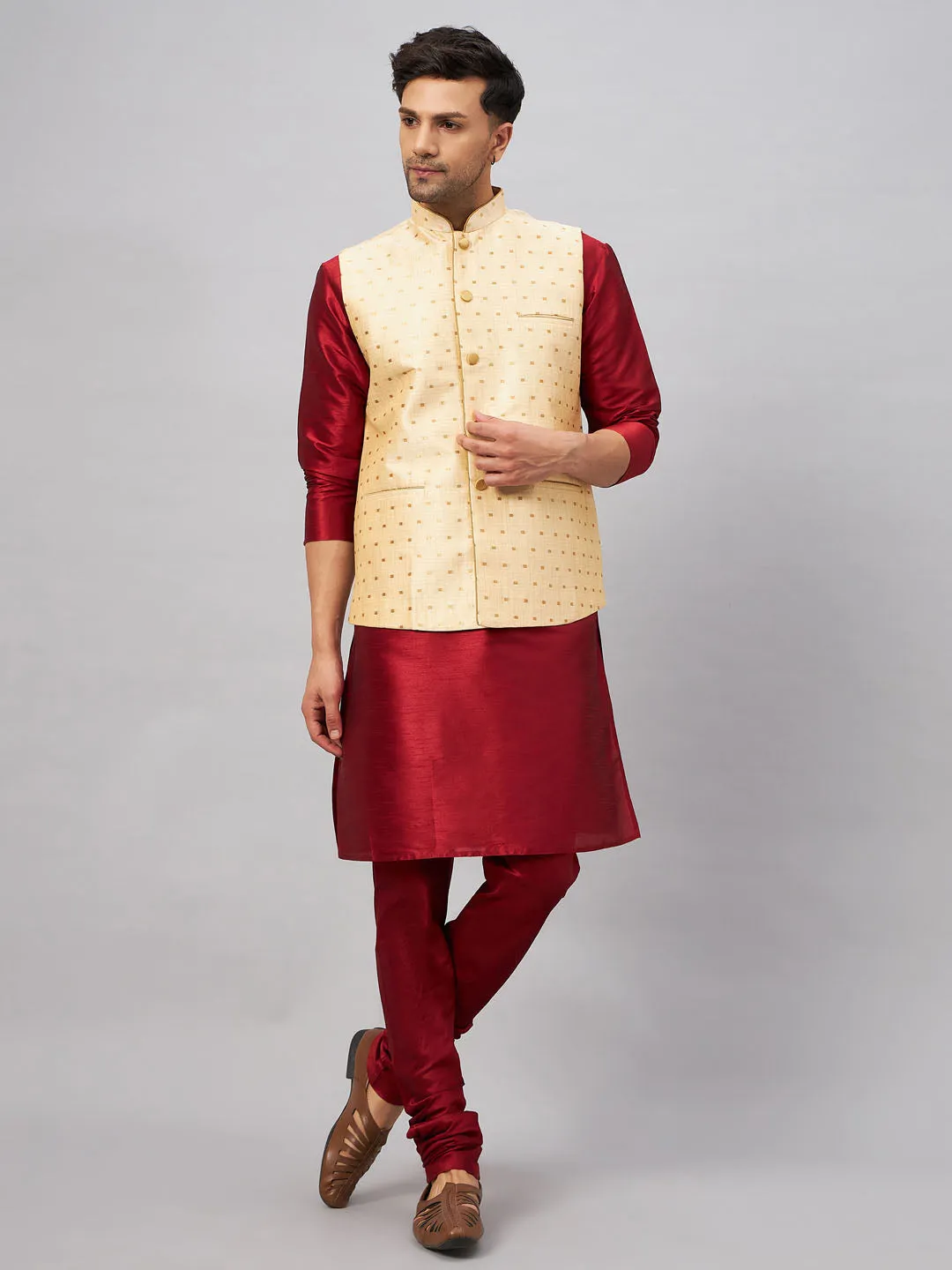 VM By VASTRAMAY Men's Gold Zari Weaved Jacket With Kurta Pyjama Set