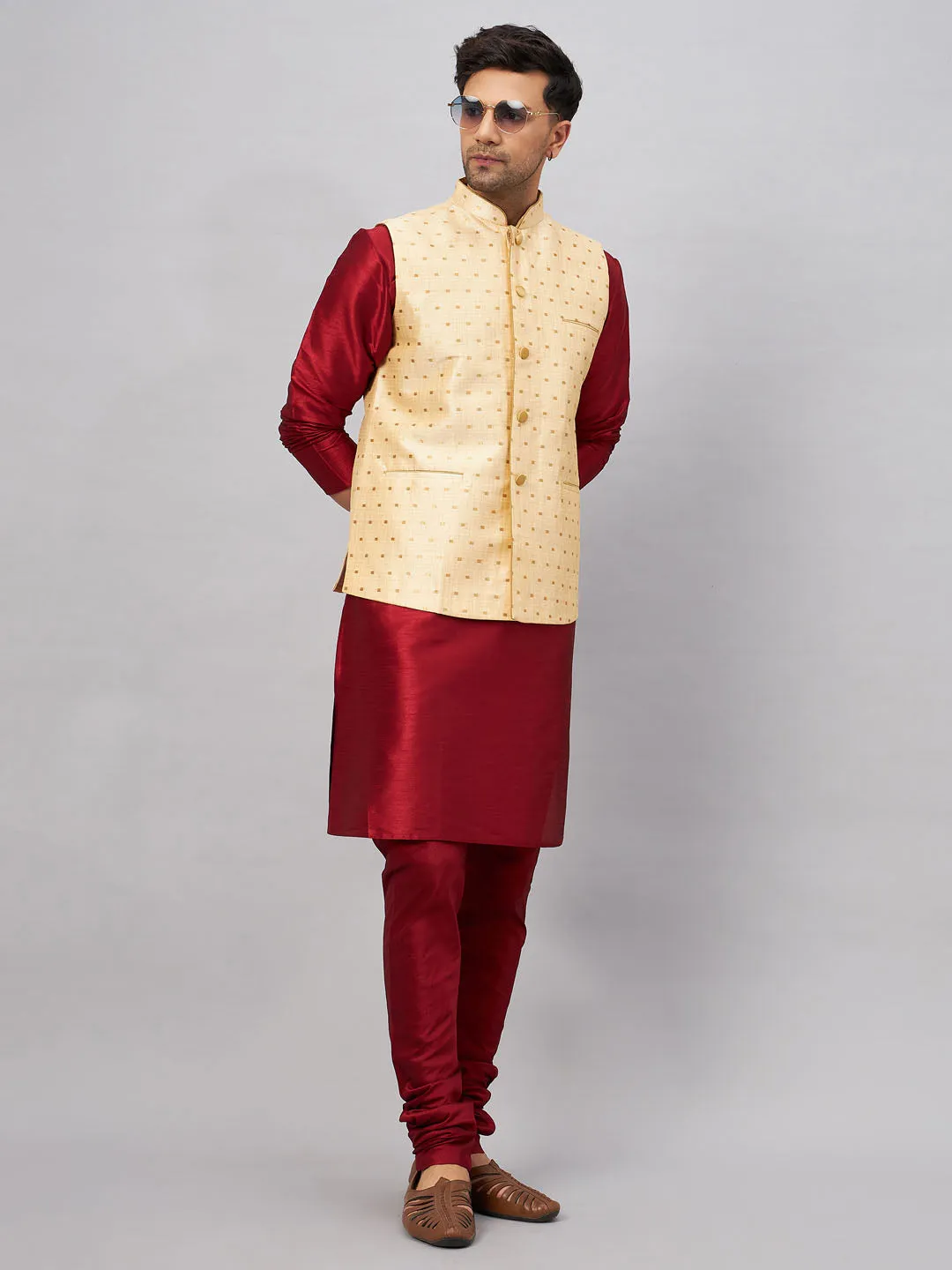 VM By VASTRAMAY Men's Gold Zari Weaved Jacket With Kurta Pyjama Set